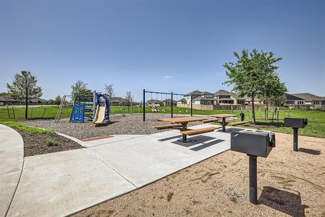 surrounding community with fence, playground community, and a residential view