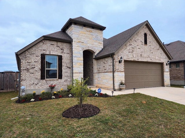 french provincial home with driveway, a front lawn, stone siding, and an attached garage