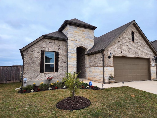 french country home featuring an attached garage, driveway, a front yard, and stone siding
