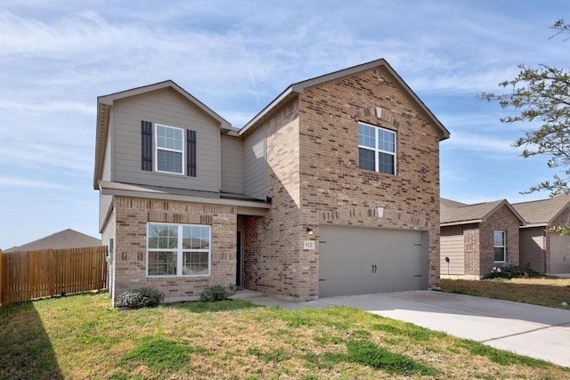 traditional home featuring brick siding, concrete driveway, a garage, and fence