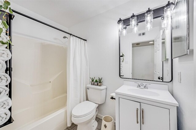618 Bentwood Dr, Leander, TX 78641 - bathroom with tile patterned floors, toilet, vanity, visible vents, and shower / bath combination with curtain