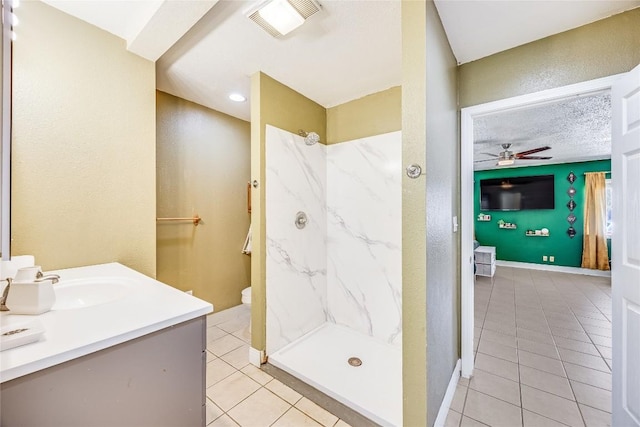 618 Bentwood Dr, Leander, TX 78641 - bathroom featuring a marble finish shower, visible vents, tile patterned flooring, and a ceiling fan