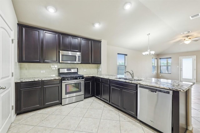 kitchen with stainless steel appliances, visible vents, a sink, and a peninsula