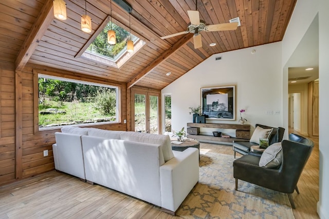 living area featuring wood ceiling, a ceiling fan, visible vents, wood finished floors, and lofted ceiling with skylight