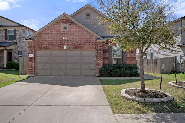 view of front facade featuring fence, driveway, an attached garage, a front lawn, and brick siding