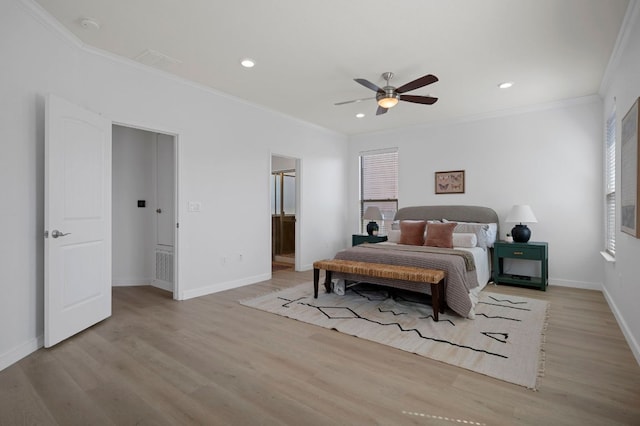 bedroom featuring recessed lighting, crown molding, light wood-type flooring, and baseboards