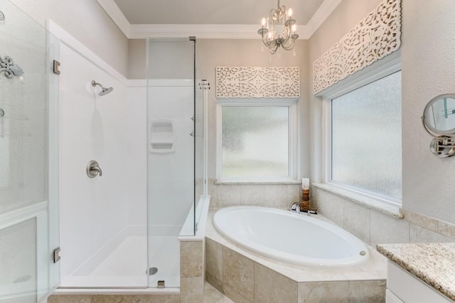 14904 Oak Shores Dr, Willis, TX 77318 - full bathroom featuring a shower stall, a bath, vanity, crown molding, and a chandelier