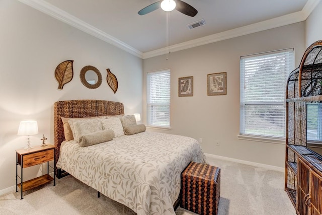 14904 Oak Shores Dr, Willis, TX 77318 - bedroom with light colored carpet, ornamental molding, baseboards, and ceiling fan