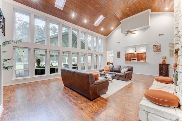 14904 Oak Shores Dr, Willis, TX 77318 - living area featuring high vaulted ceiling, wooden ceiling, ceiling fan, light wood-style flooring, and plenty of natural light