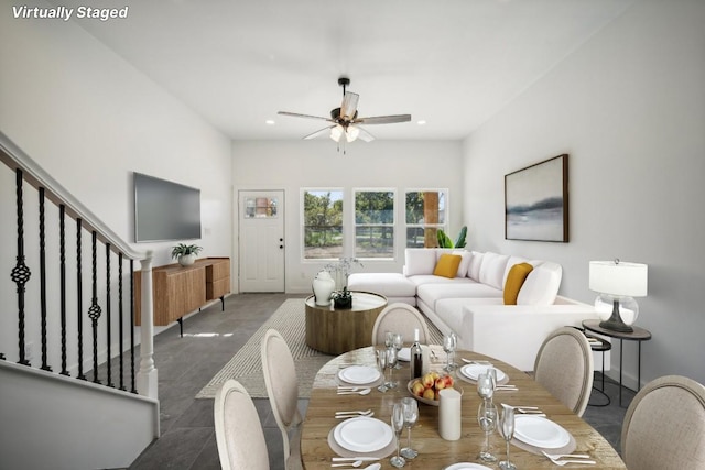 dining area with stairs, recessed lighting, a ceiling fan, and baseboards