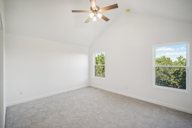 carpeted spare room with a ceiling fan, baseboards, and high vaulted ceiling
