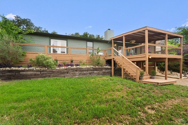 4004 Highland Dr, Austin, TX 78734 - back of house featuring a yard, a wooden deck, stairs, and a chimney