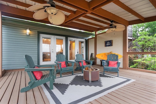 4004 Highland Dr, Austin, TX 78734 - wooden terrace featuring a fire pit, french doors, and ceiling fan