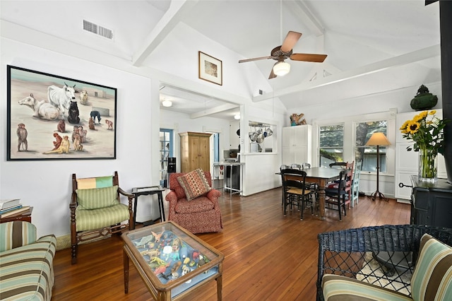 167 N Tumbleweed Trl, Austin, TX 78733 - living area with hardwood / wood-style floors, vaulted ceiling with beams, a ceiling fan, and visible vents
