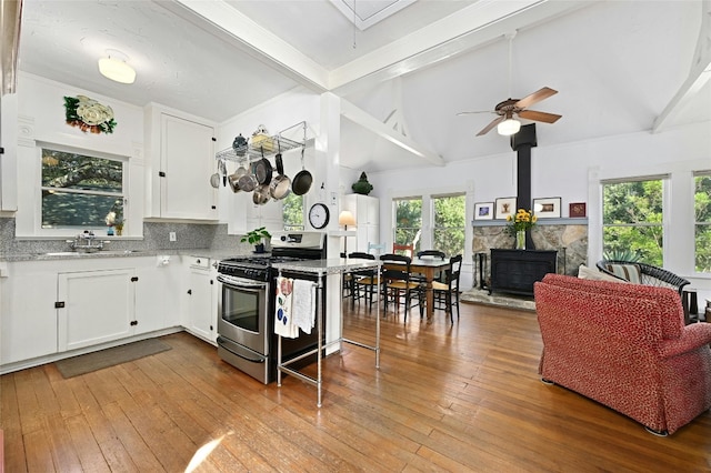 167 N Tumbleweed Trl, Austin, TX 78733 - kitchen with a ceiling fan, a sink, wood-type flooring, white cabinets, and stainless steel range with gas stovetop