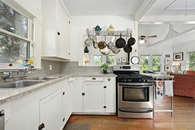 167 N Tumbleweed Trl, Austin, TX 78733 - kitchen with stainless steel gas stove, a sink, tasteful backsplash, dark wood finished floors, and white cabinets