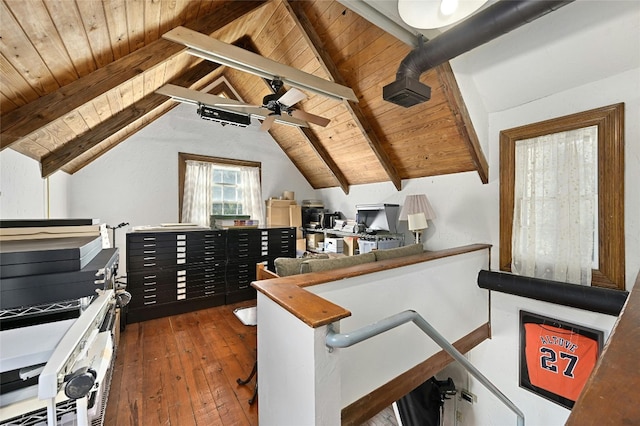 167 N Tumbleweed Trl, Austin, TX 78733 - office with wooden ceiling, vaulted ceiling with beams, a ceiling fan, and hardwood / wood-style flooring