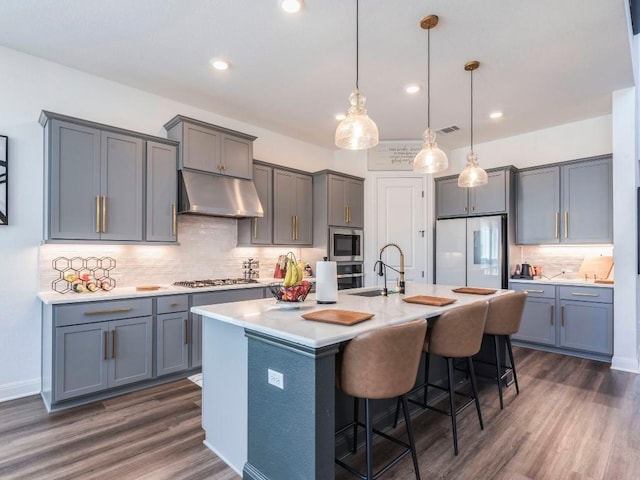110 Pigeon River Rd, Kyle, TX 78640 - kitchen featuring under cabinet range hood, stainless steel appliances, a sink, a kitchen island with sink, and dark wood finished floors