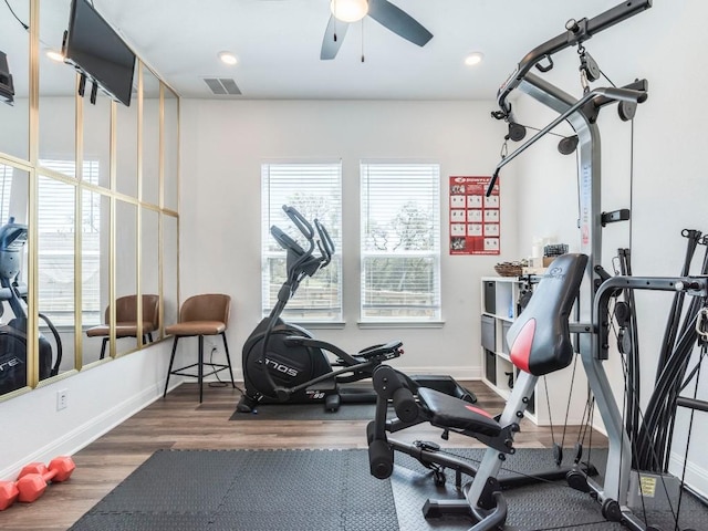 110 Pigeon River Rd, Kyle, TX 78640 - workout area with a ceiling fan, wood finished floors, baseboards, and recessed lighting