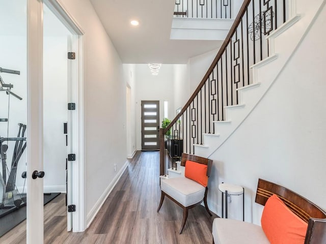 110 Pigeon River Rd, Kyle, TX 78640 - entrance foyer featuring wood finished floors, baseboards, and stairway