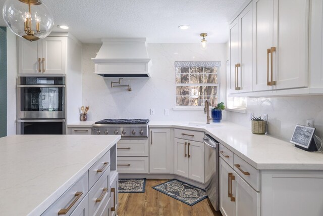 30228 Saint Andrews Dr, Georgetown, TX 78628 - kitchen with custom exhaust hood, appliances with stainless steel finishes, wood finished floors, light stone countertops, and a textured ceiling