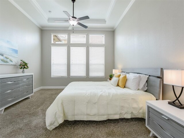 15218 Glen Heather Dr, Lakeway, TX 78734 - bedroom with carpet floors, a tray ceiling, ornamental molding, and a ceiling fan