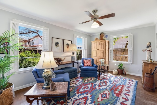4010 Lewis Ln, Austin, TX 78756 - sitting room featuring healthy amount of natural light, wood finished floors, a ceiling fan, and ornamental molding