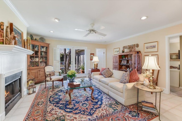 4010 Lewis Ln, Austin, TX 78756 - living room with a fireplace with flush hearth, a ceiling fan, ornamental molding, recessed lighting, and light tile patterned floors