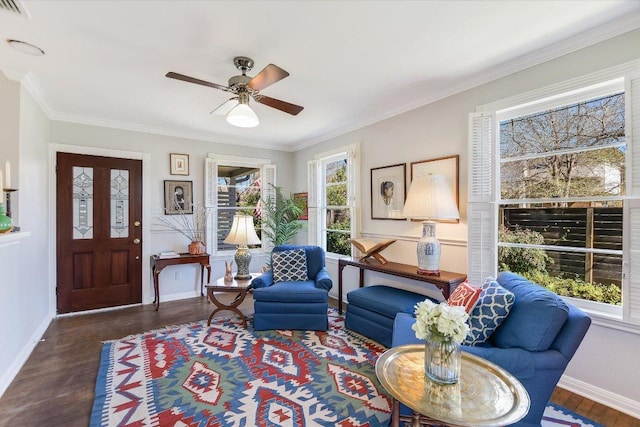 4010 Lewis Ln, Austin, TX 78756 - living room featuring wood finished floors, a ceiling fan, baseboards, and ornamental molding