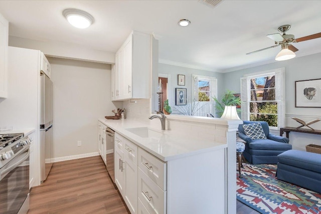4010 Lewis Ln, Austin, TX 78756 - kitchen featuring stainless steel appliances, a sink, light wood-style floors, open floor plan, and a peninsula