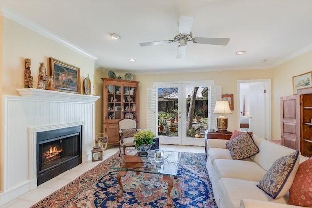 4010 Lewis Ln, Austin, TX 78756 - living room with crown molding, a fireplace with flush hearth, light tile patterned floors, recessed lighting, and ceiling fan