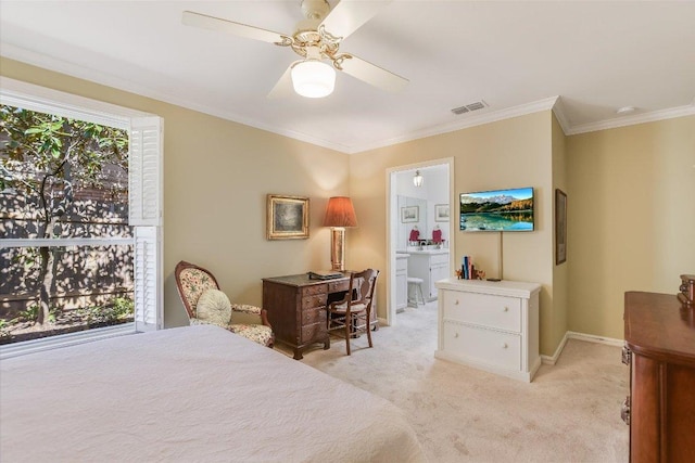 4010 Lewis Ln, Austin, TX 78756 - bedroom with light carpet, crown molding, baseboards, a ceiling fan, and connected bathroom