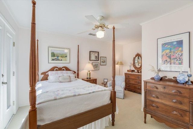 4010 Lewis Ln, Austin, TX 78756 - bedroom featuring light carpet, ornamental molding, and a ceiling fan