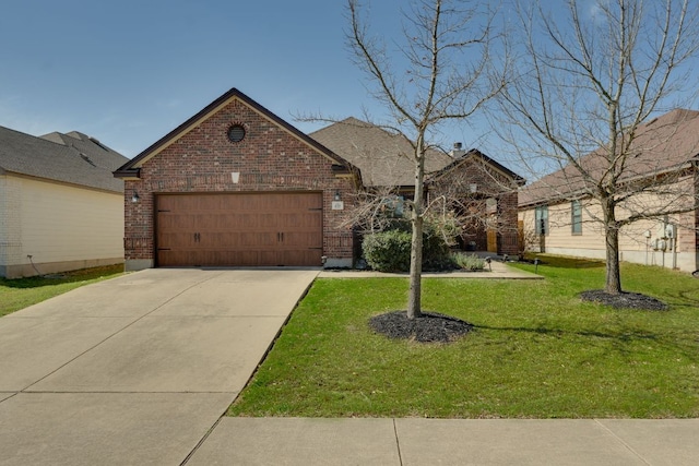 837 Watson Way, Pflugerville, TX 78660 - view of front of house featuring brick siding, an attached garage, a front lawn, and concrete driveway