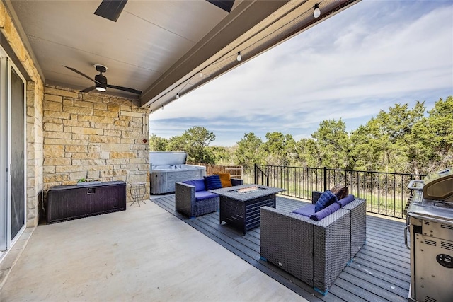 329 Peace Pipe Way, Georgetown, TX 78628 - view of patio / terrace with a ceiling fan, an outdoor living space with a fire pit, and a deck
