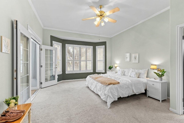 100 Blacksmiths Cir, Georgetown, TX 78633 - bedroom featuring light colored carpet, ornamental molding, ceiling fan, access to outside, and french doors