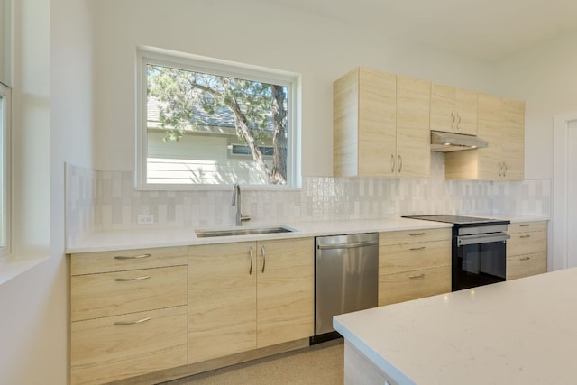 3014 Brass Buttons Trl, Austin, TX 78734 - kitchen featuring light brown cabinets, stainless steel appliances, under cabinet range hood, backsplash, and modern cabinets