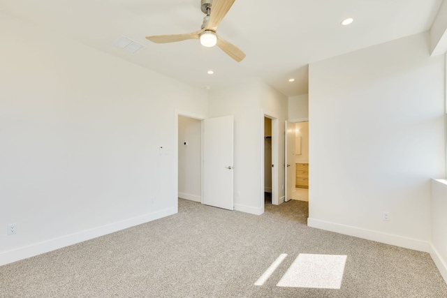 3014 Brass Buttons Trl, Austin, TX 78734 - unfurnished bedroom featuring light carpet, recessed lighting, ensuite bath, and ceiling fan