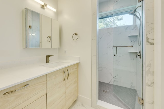 3014 Brass Buttons Trl, Austin, TX 78734 - full bath featuring a marble finish shower, vanity, and marble look tile flooring