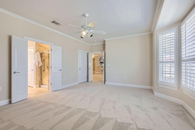 407 Breezeway Ln, Georgetown, TX 78633 - unfurnished bedroom with light colored carpet, visible vents, crown molding, and baseboards