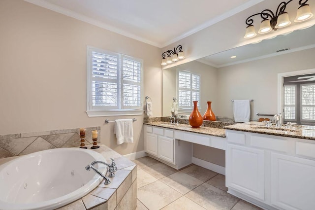 407 Breezeway Ln, Georgetown, TX 78633 - full bathroom featuring ornamental molding, double vanity, a sink, and a wealth of natural light