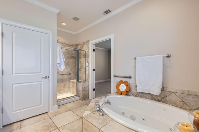 407 Breezeway Ln, Georgetown, TX 78633 - full bathroom with visible vents, a stall shower, ornamental molding, and a tub with jets