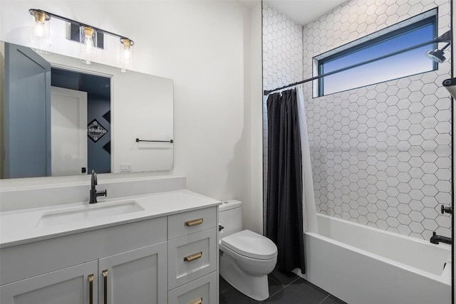 5805 Twin Peaks Trce, Austin, TX 78738 - full bathroom with vanity, shower / tub combo with curtain, and tile patterned flooring