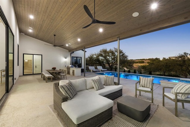 5805 Twin Peaks Trce, Austin, TX 78738 - view of patio with ceiling fan, outdoor dining area, an outdoor living space, and an outdoor pool