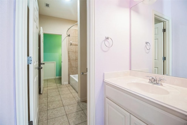 full bath featuring tile patterned flooring, vanity, and shower / tub combination