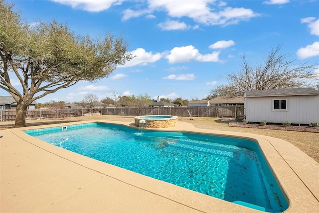 3607 Winding Way, Round Rock, TX 78664 - view of swimming pool with an outdoor structure, a fenced backyard, a patio area, and a pool with connected hot tub