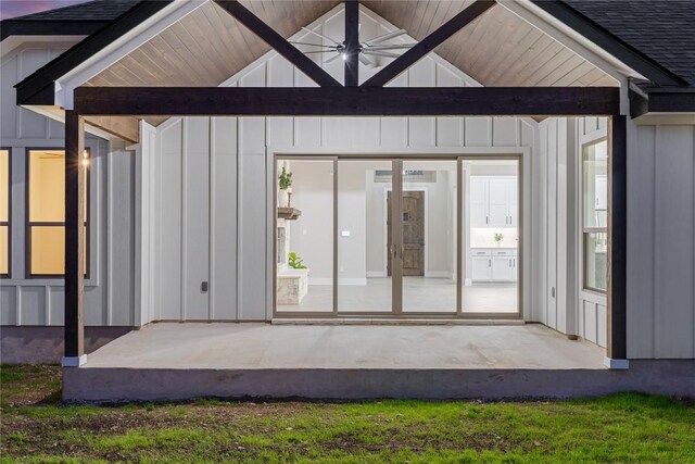 122 Liberty Bell Ln, Fischer, TX 78623 - view of exterior entry with board and batten siding and roof with shingles