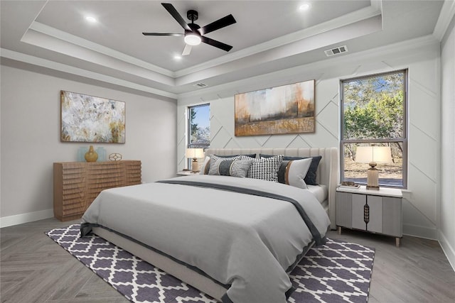 122 Liberty Bell Ln, Fischer, TX 78623 - bedroom with a tray ceiling, baseboards, crown molding, recessed lighting, and ceiling fan