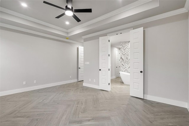 122 Liberty Bell Ln, Fischer, TX 78623 - unfurnished bedroom featuring baseboards, crown molding, recessed lighting, a raised ceiling, and a ceiling fan