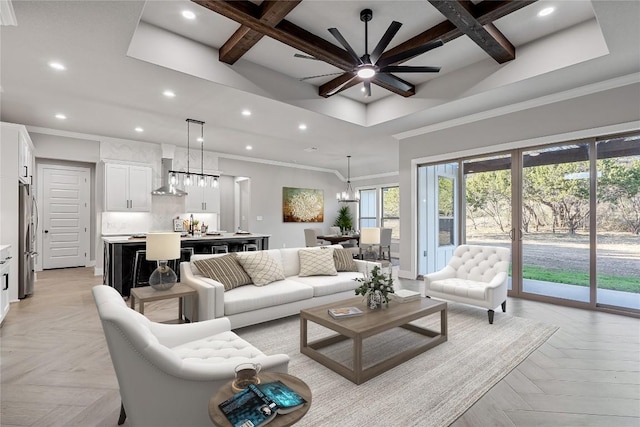 122 Liberty Bell Ln, Fischer, TX 78623 - living area featuring coffered ceiling, recessed lighting, a ceiling fan, ornamental molding, and a high ceiling